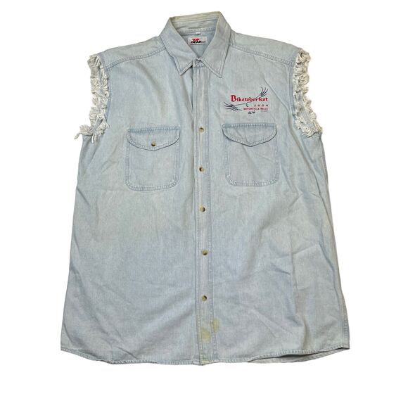 Vintage 2004 Biketoberfest Chambray Embroidered Cut Off Shirt FLAW Blue Large - Picture 1 of 7